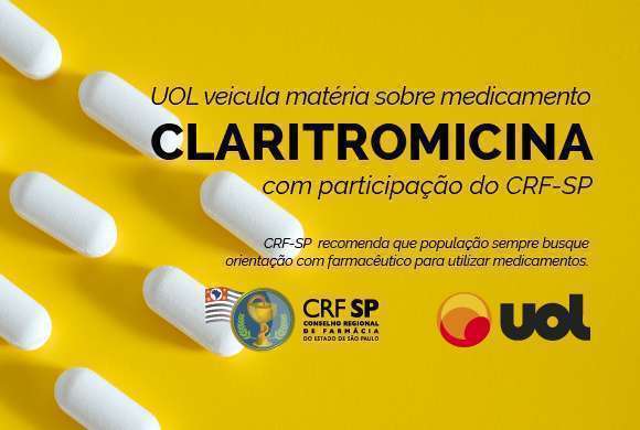 Imagem com fundo amarelo e cápsulas brancas com o tema da reportagem, sobre claritromicina 